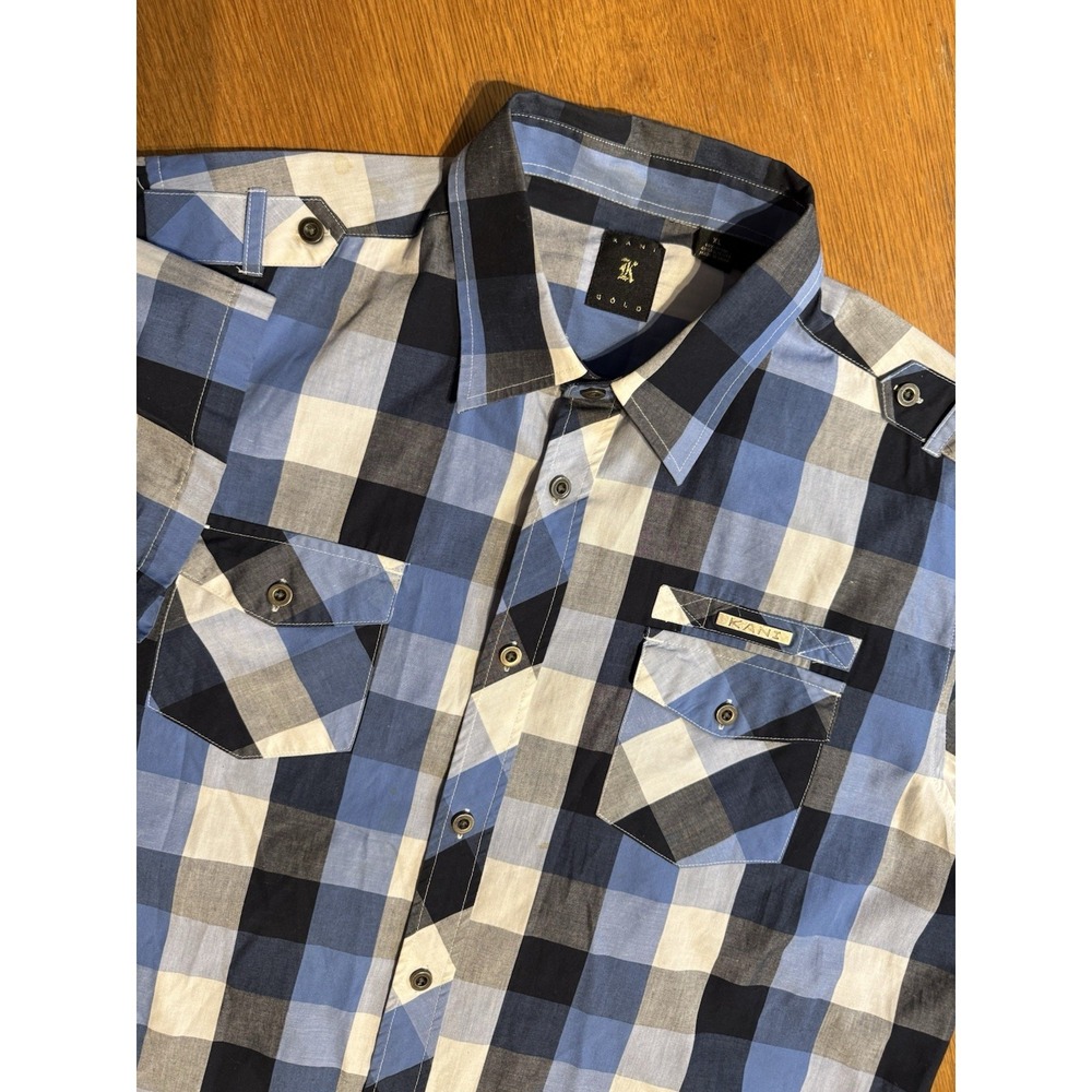 Karl Kani Gold Shirt XL Blue Plaid Y2K Streetwear Epaulet Logo Button Up